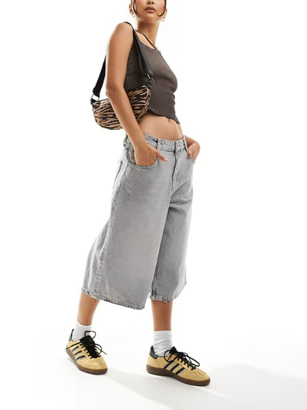 Bershka Baggy Denim Shorts Jorts Gray Washed Grey Size 4 Y2K Skater